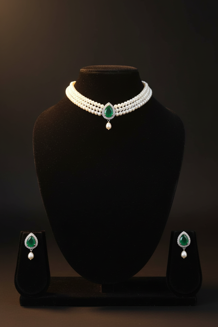 2-strand seed pearl choker with emerald teardrop AD pendant on dark velvet studio display