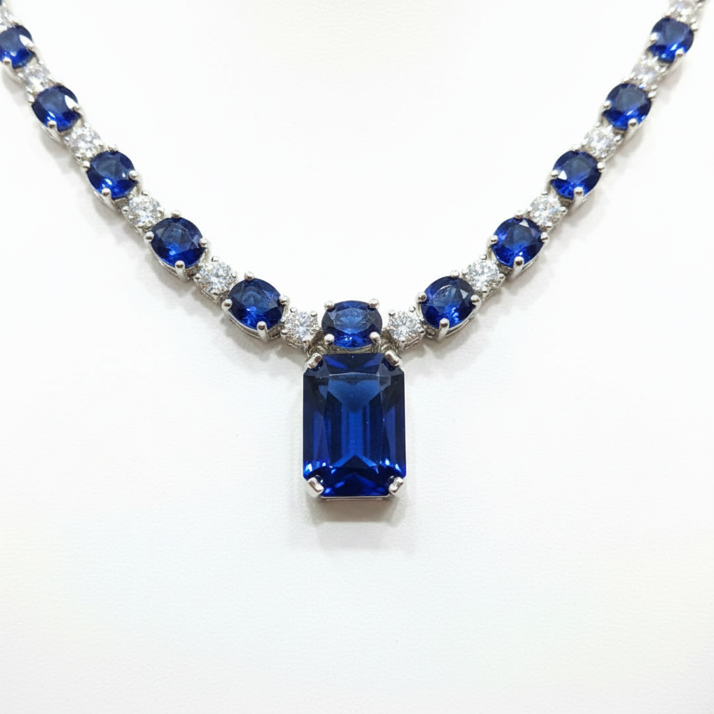 Close-up macro of sapphire oval stones and rectangular pendant
