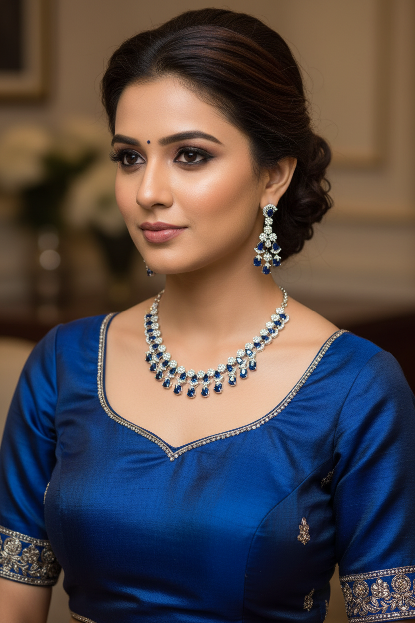 Bridal lifestyle — model wearing sapphire blue AD double-row fringe necklace set