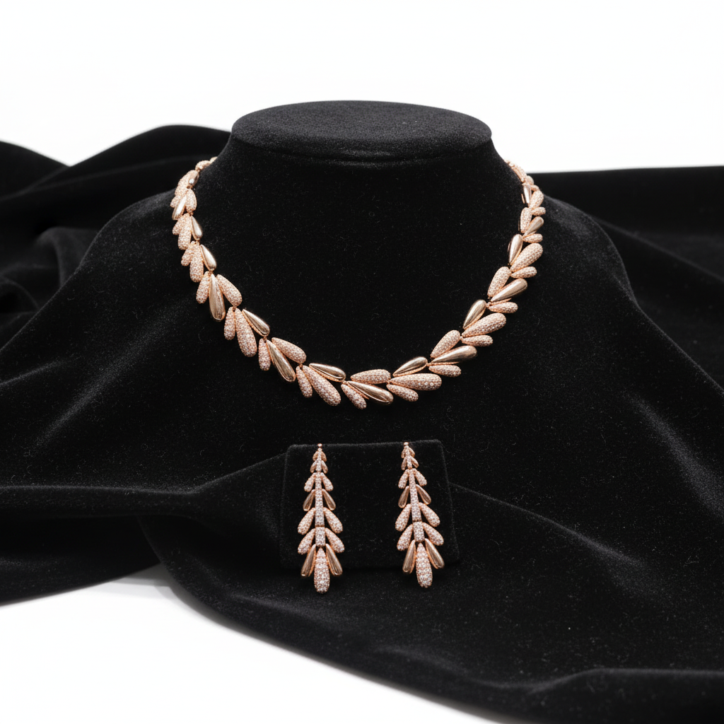 Rose Gold Wheat Leaf AD Necklace Set - Studio Promotional Shot