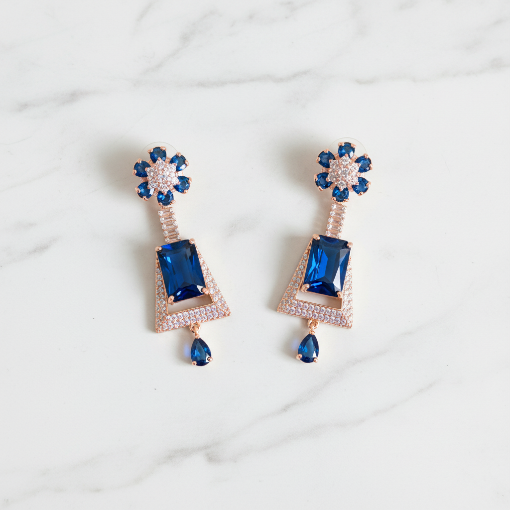 Rose Gold AD Sapphire Blue CZ Trapezoid Earrings - Studio Promotional Shot
