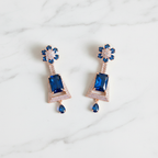 Rose Gold AD Sapphire Blue CZ Trapezoid Earrings - Studio Promotional Shot