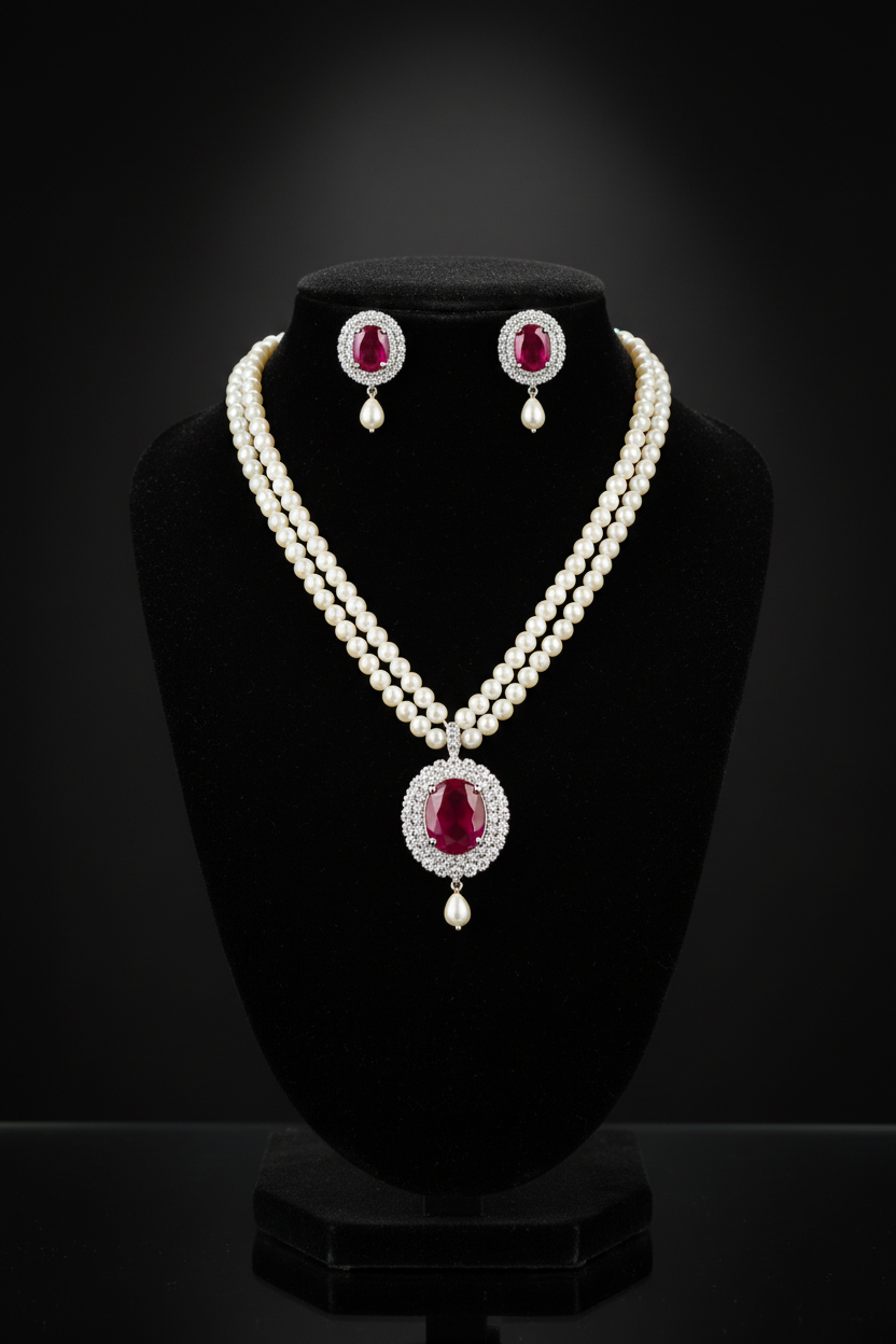 2-strand seed pearl choker with ruby oval AD pendant on dark velvet studio display
