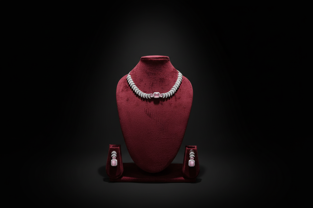 Rose pink AD pave disc necklace set promotional banner on black background