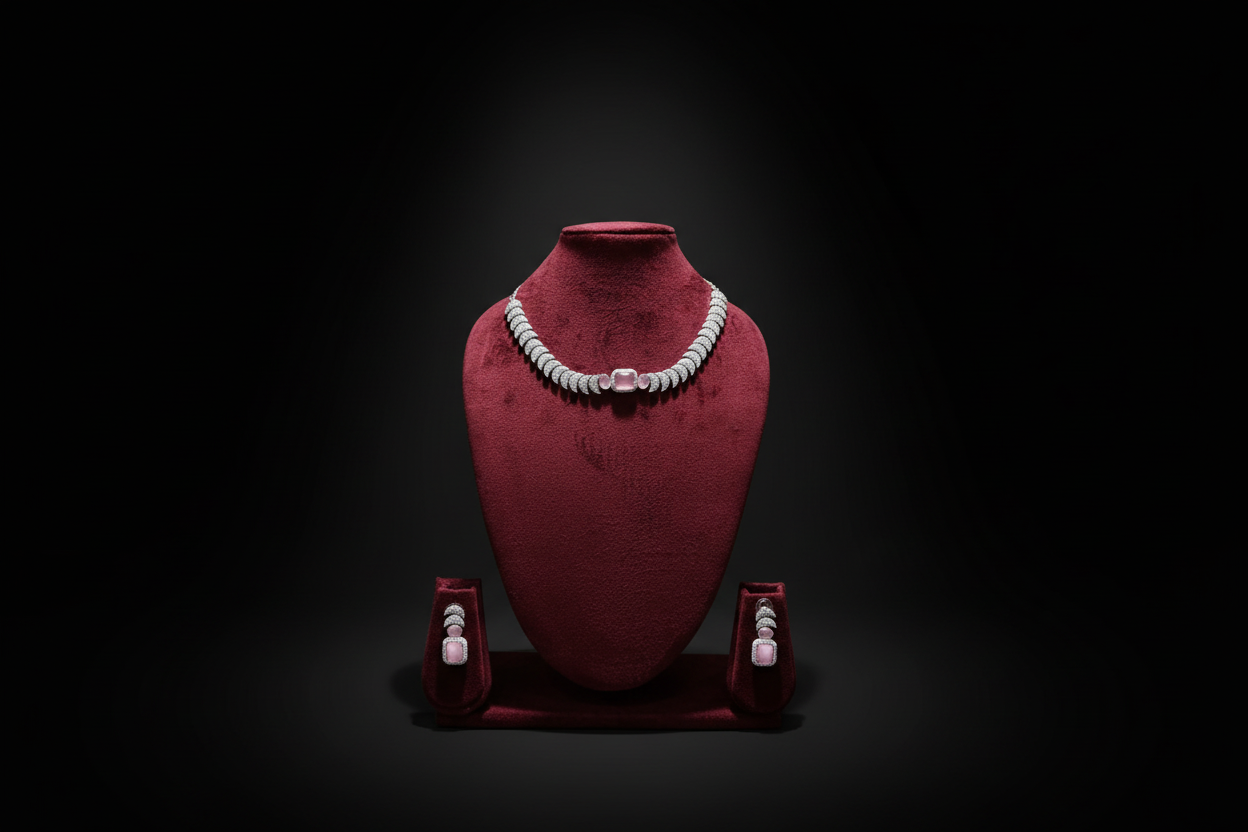 Rose pink AD pave disc necklace set promotional banner on black background