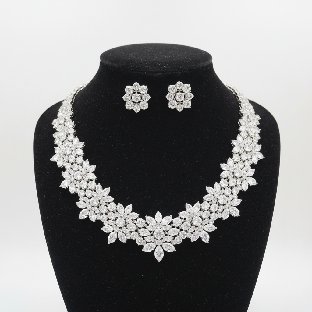 White AD multi-cut cluster graduated statement necklace set with stud earrings on black velvet display