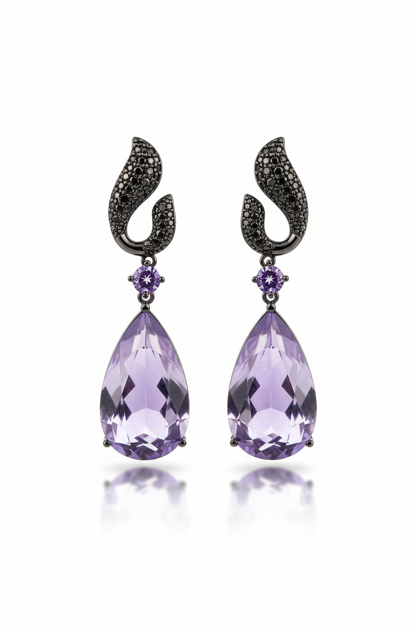 Violet Mist Wave Teardrop Drop Earrings – white background studio promotional image
