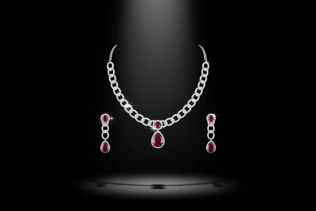 Ruby AD curb chain necklace set promotional banner on black background