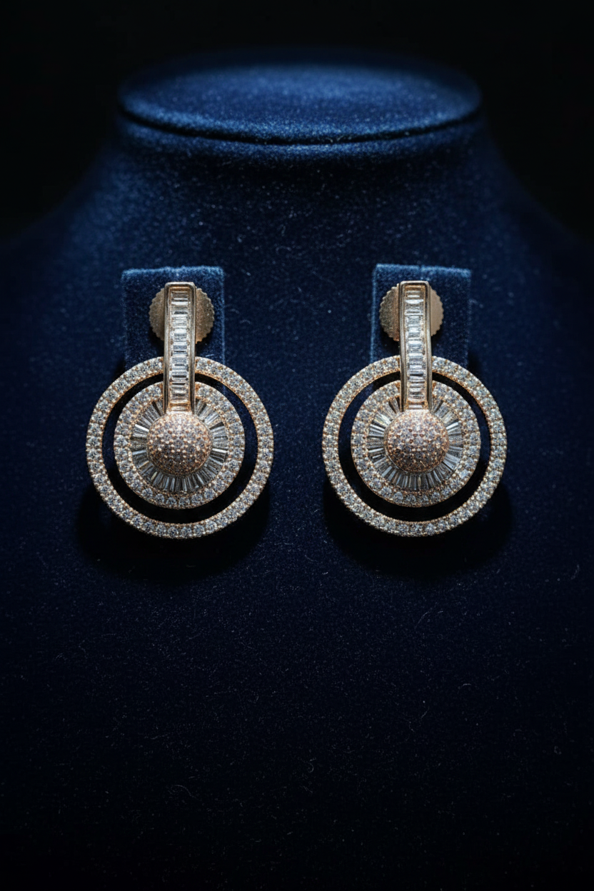 Rose gold diamond halo circle drop earrings on dark velvet display