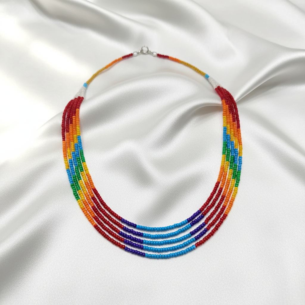 Flat lay of rainbow seed bead necklace on white silk
