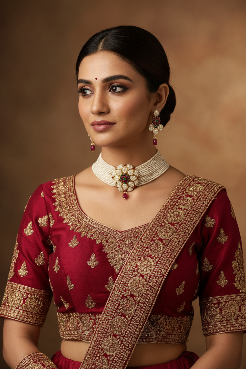 Bridal lifestyle — model wearing extra-wide multi-strand seed pearl choker with ruby and emerald floral medallion set