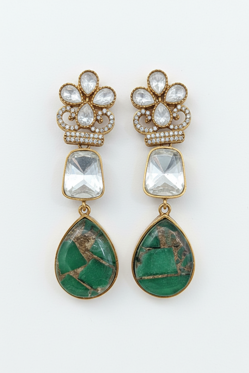 Polki Crown Copper Emerald Mosaic Drop Earrings – white background studio promotional image