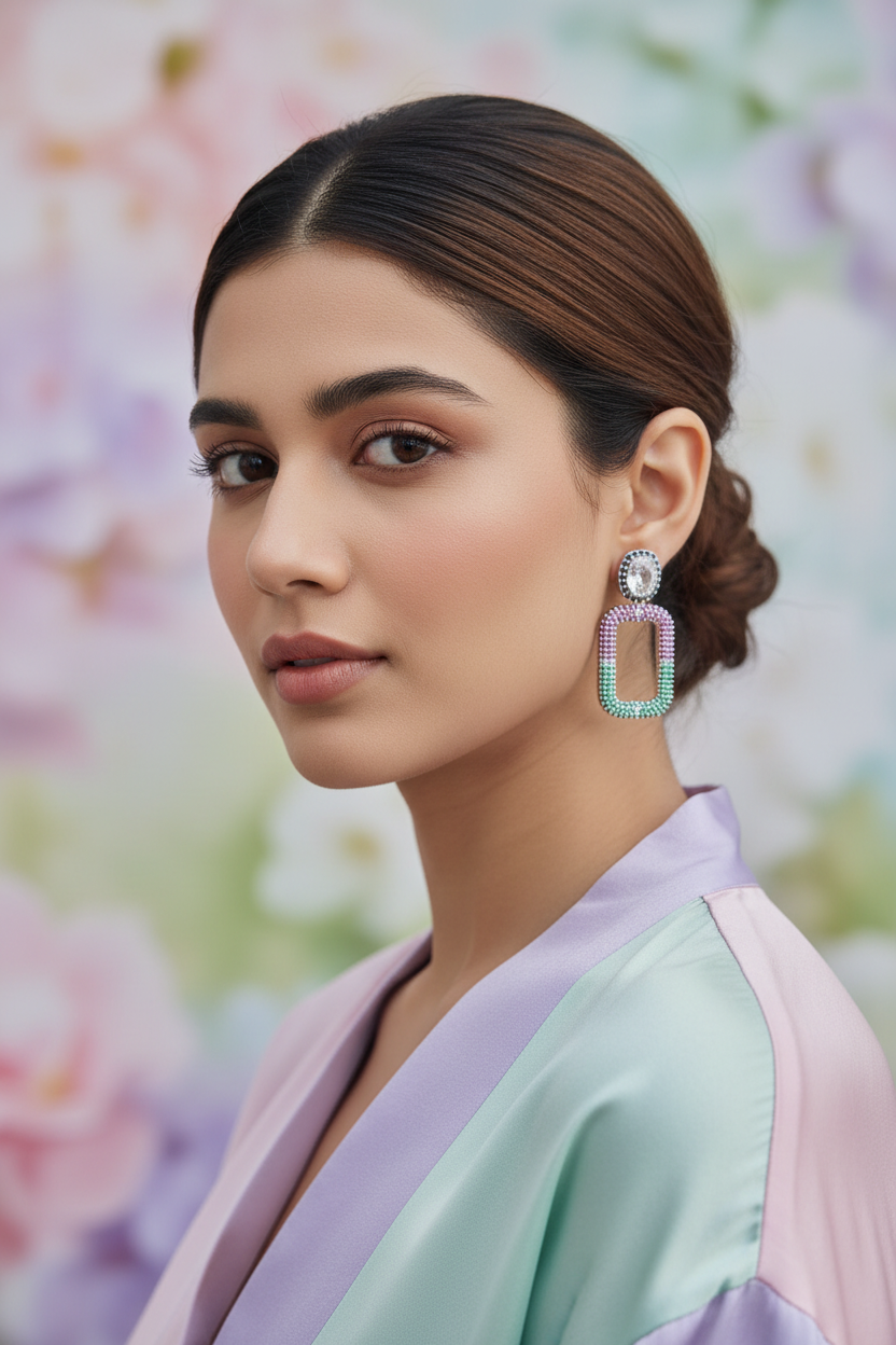 Pastel Rainbow CZ Open Rectangle Earrings – lifestyle editorial fashion look