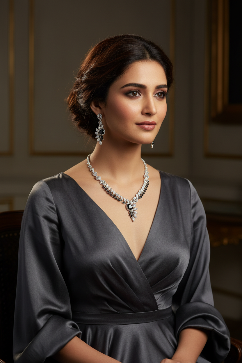 Lifestyle shot — model wearing black onyx leaf AD necklace set