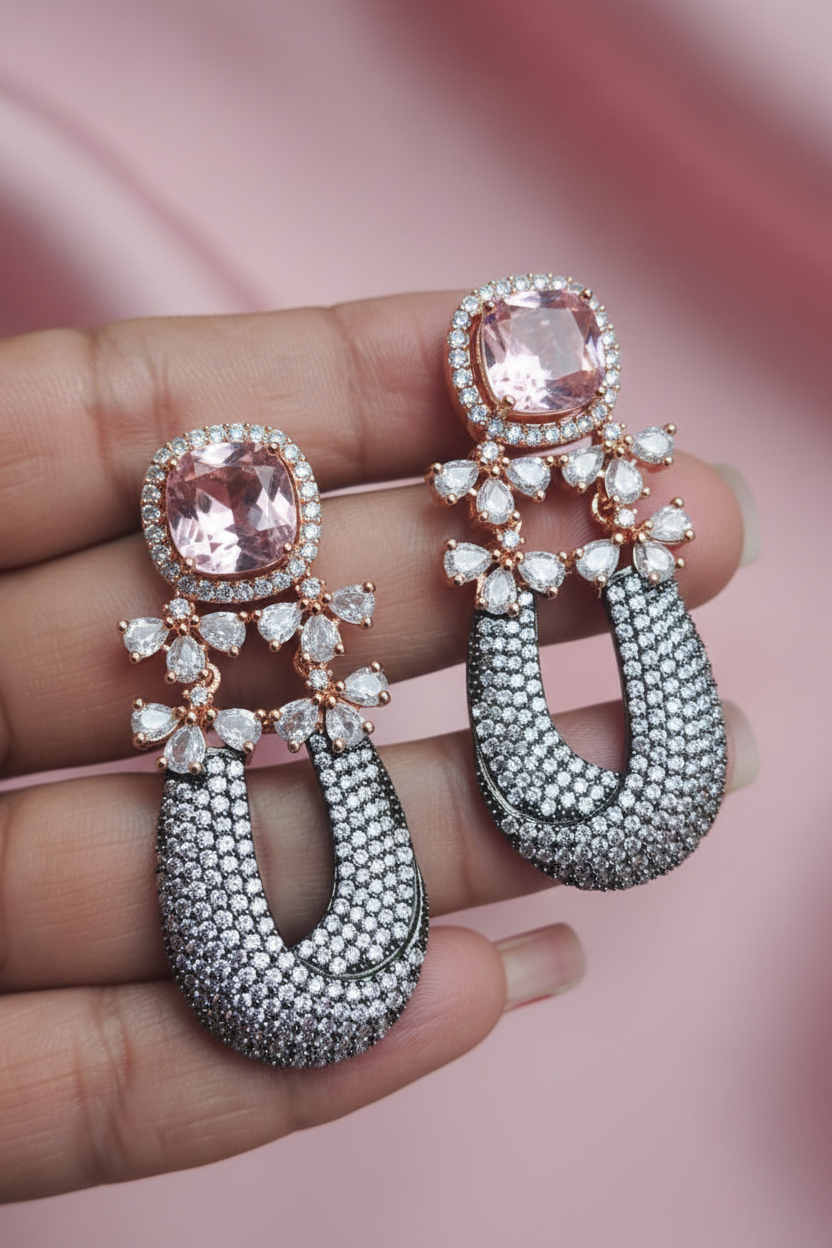 Blush Pink Morganite Horseshoe Drop Earrings - editorial lifestyle shot