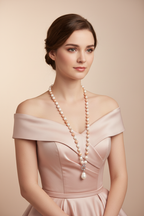 Lifestyle shot — model wearing blush pink and cream pearl AD rondelle pendant necklace with baroque drop