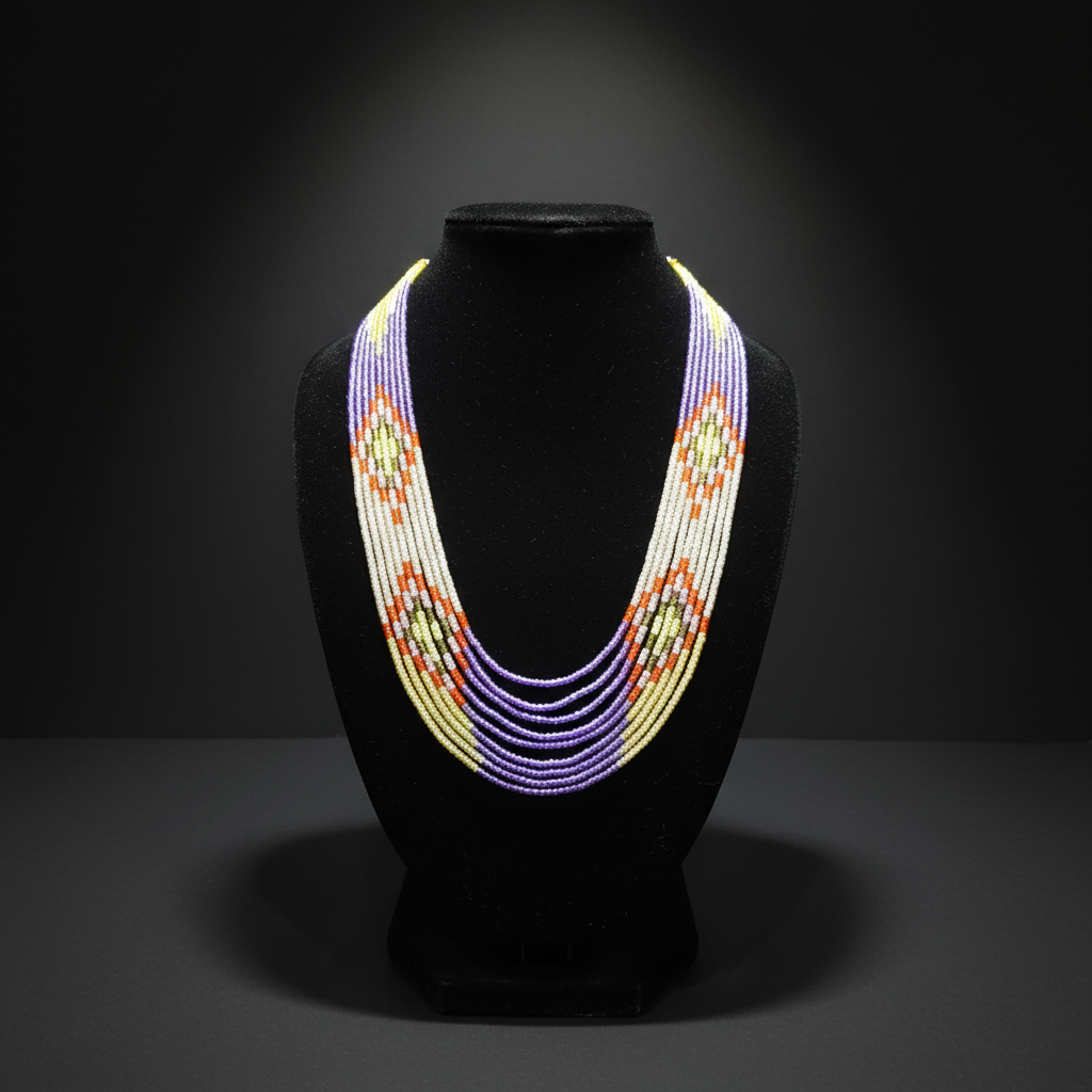 7-strand white and multicolor seed bead necklace on dark velvet studio display