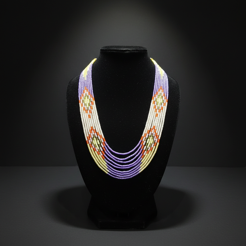 7-strand white and multicolor seed bead necklace on dark velvet studio display