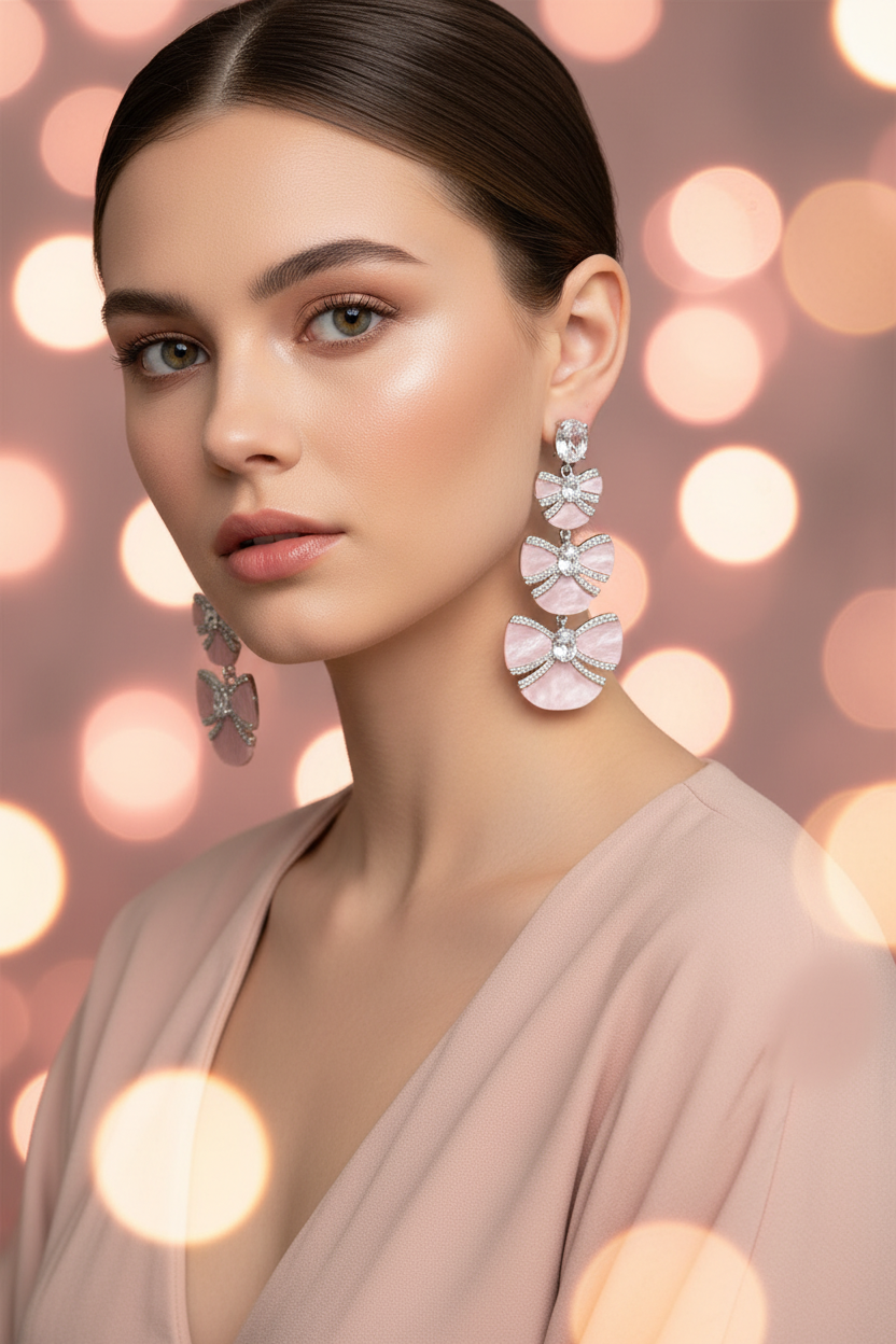 Silver CZ Double Bow Pink Shell Drop Earrings – lifestyle editorial look