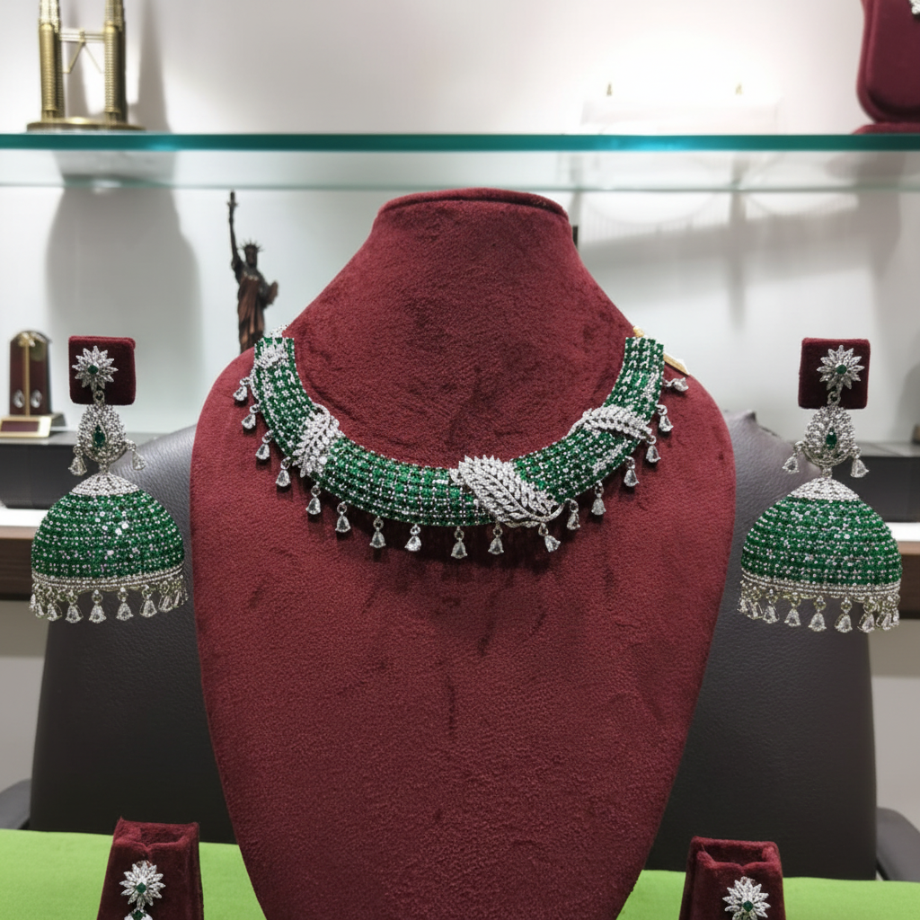 Emerald green and white AD pave twisted rope choker necklace set on burgundy velvet display
