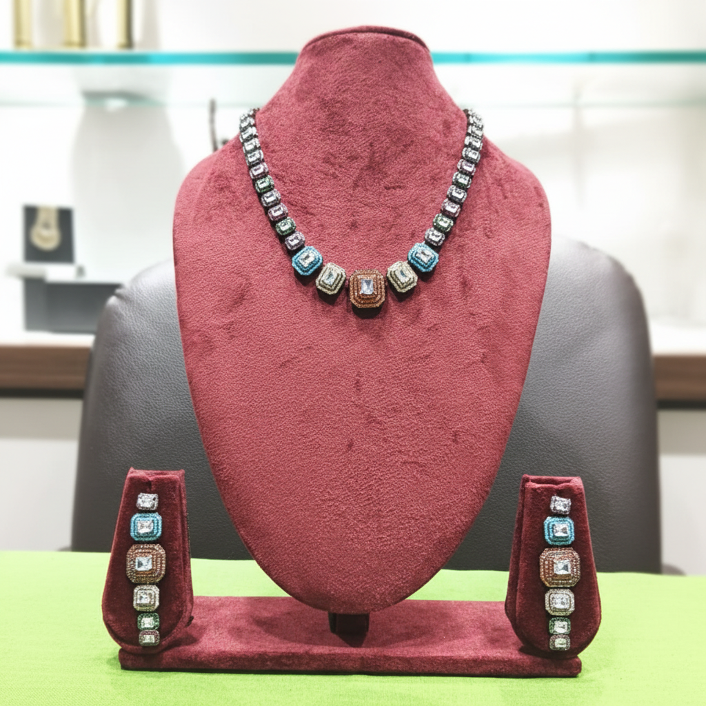 Multicolour AD square stone graduated choker necklace set on burgundy velvet display