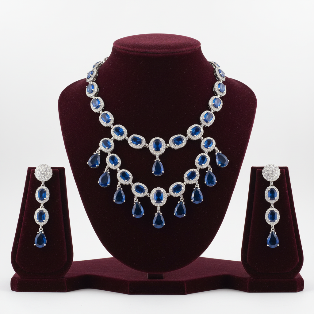 Sapphire blue AD double-row fringe necklace set on burgundy velvet display