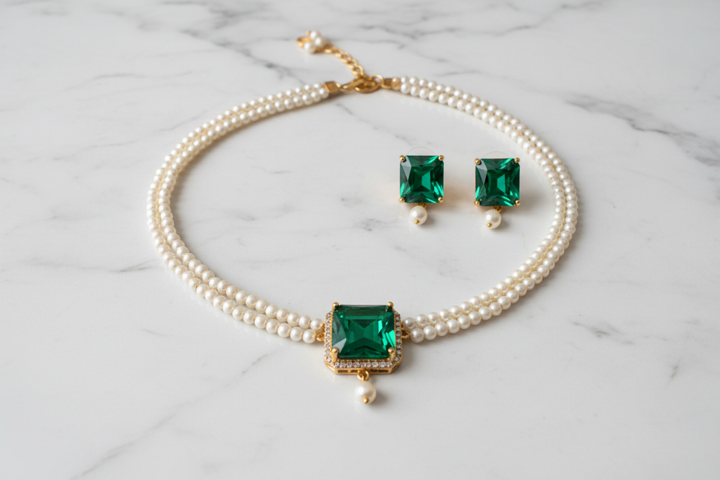 Flat lay of seed pearl choker with emerald square AD pendant and earrings on white marble