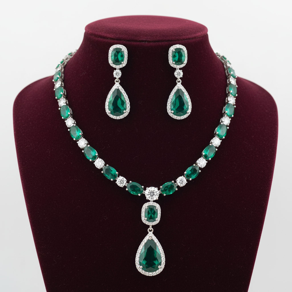 Emerald AD tennis necklace set on burgundy velvet display