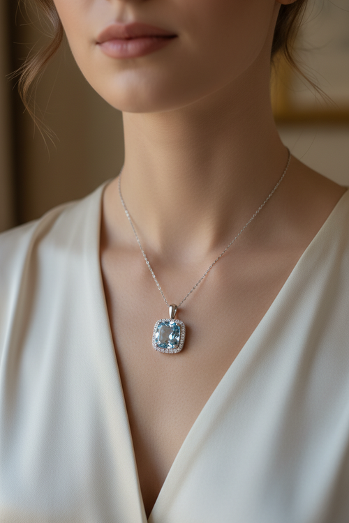 92.5 Sterling Silver Aquamarine Pendant Necklace lifestyle editorial