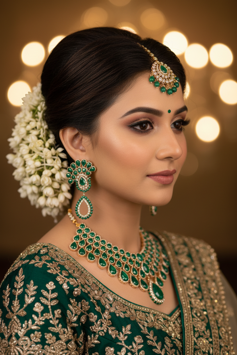Rose Gold AD Emerald Peacock Fan Earrings - Bridal Lifestyle Editorial