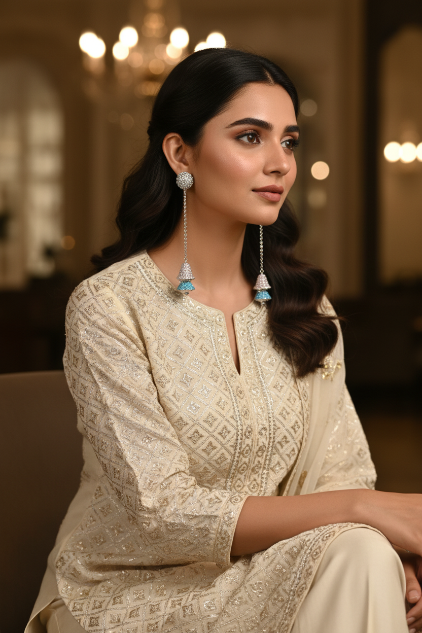 Silver CZ Jhumka Earrings – lifestyle editorial look