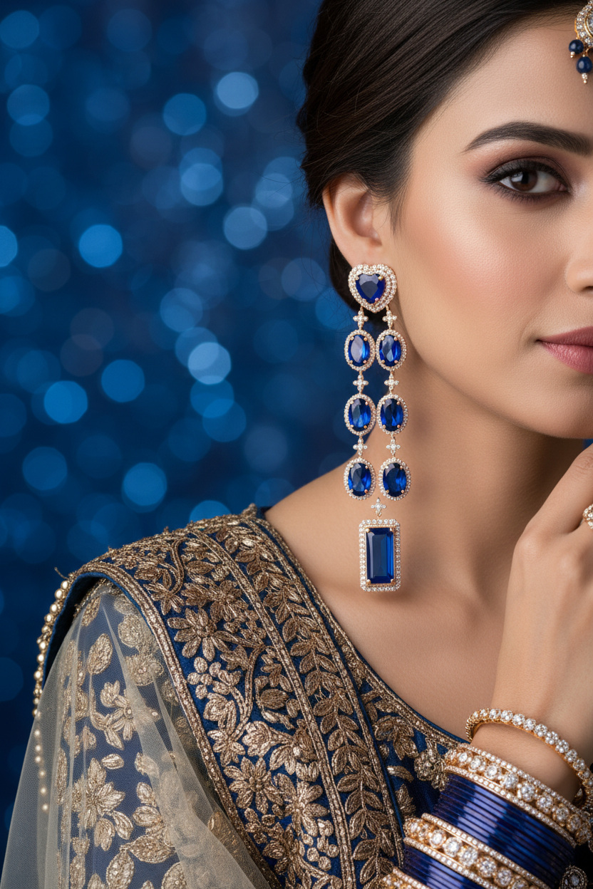 Rose Gold AD Sapphire Blue CZ Ladder Drop Earrings - Bridal Lifestyle Editorial