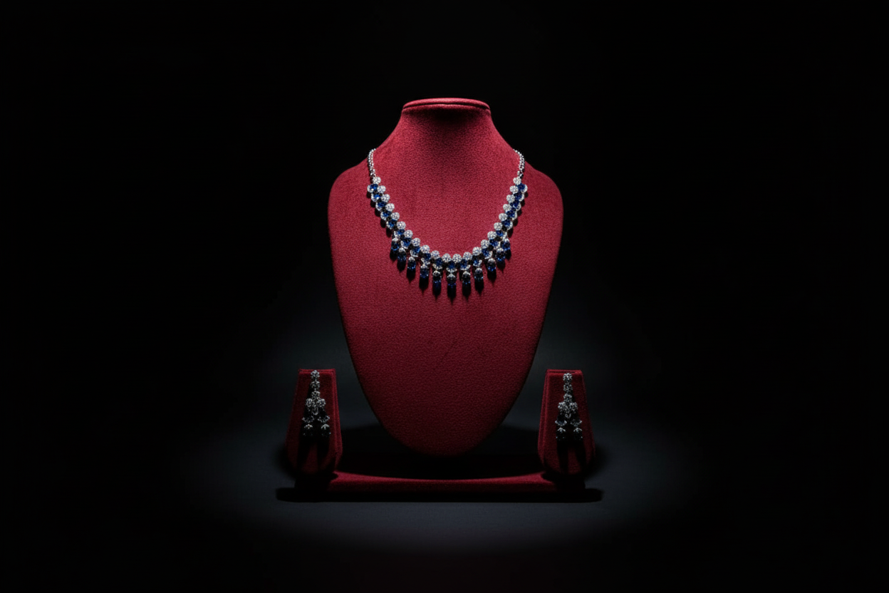 Sapphire blue AD double-row fringe necklace set promotional banner on black background