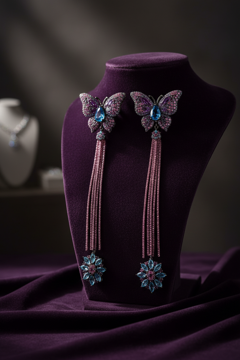 Purple Butterfly Blue Crystal Tassel Drop Earrings – dark velvet luxury editorial promotional image