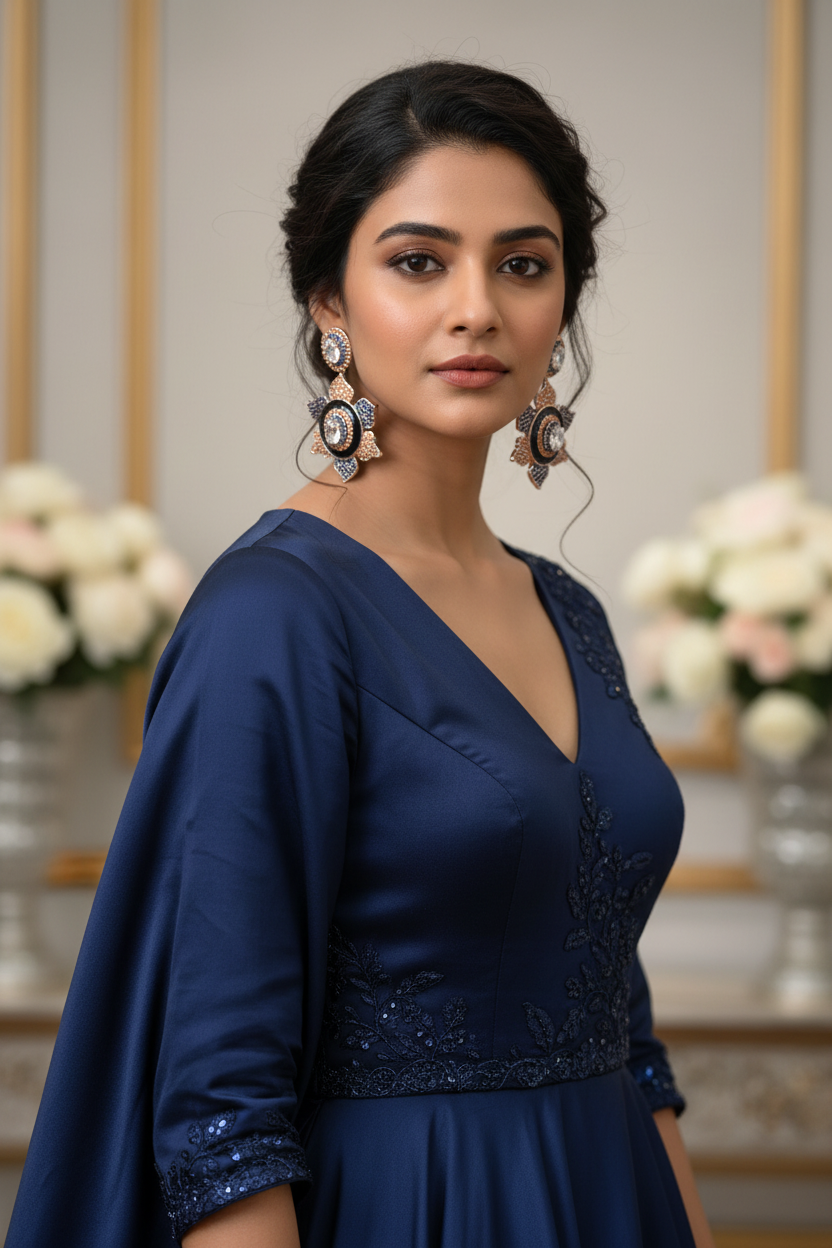 Navy Blue Amber Black Enamel Lotus Earrings – lifestyle editorial evening look
