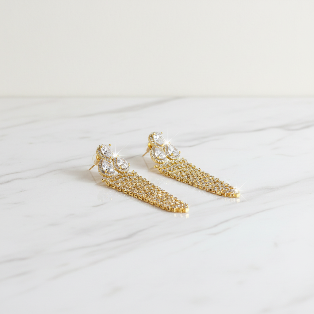 Gold AD Tassel Chandelier Earrings - Studio Promotional Shot