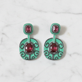 Mint Green Enamel Ruby Red CZ Filigree Disc Earrings – luxury flat lay on marble
