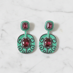 Mint Green Enamel Ruby Red CZ Filigree Disc Earrings – luxury flat lay on marble