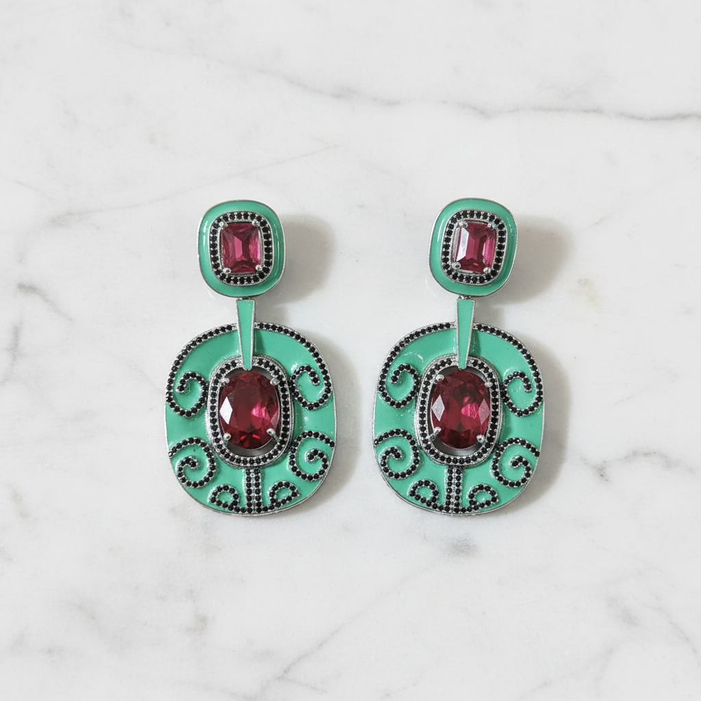 Mint Green Enamel Ruby Red CZ Filigree Disc Earrings – luxury flat lay on marble