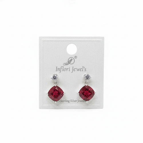 92.5 Sterling Silver Ruby Red Cushion Drop Earrings studio promotional shot