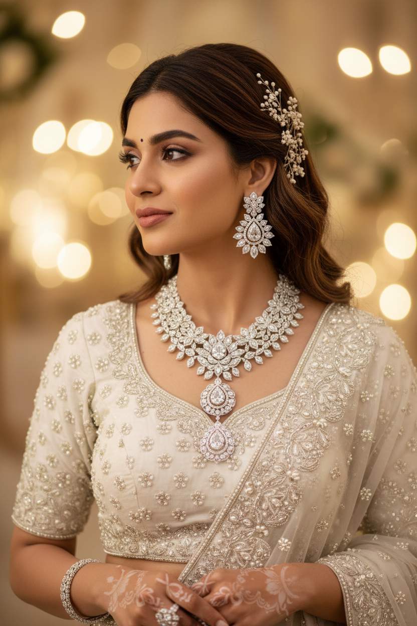 Floral AD Diamond Necklace Set - Bridal Lifestyle Editorial