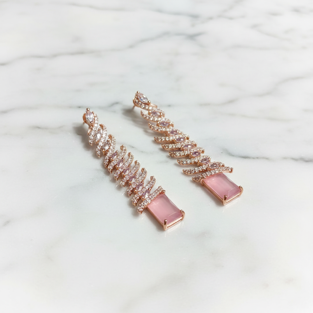 Rose Gold AD Diamond CZ Herringbone Spine Drop Earrings - Studio Promotional Shot