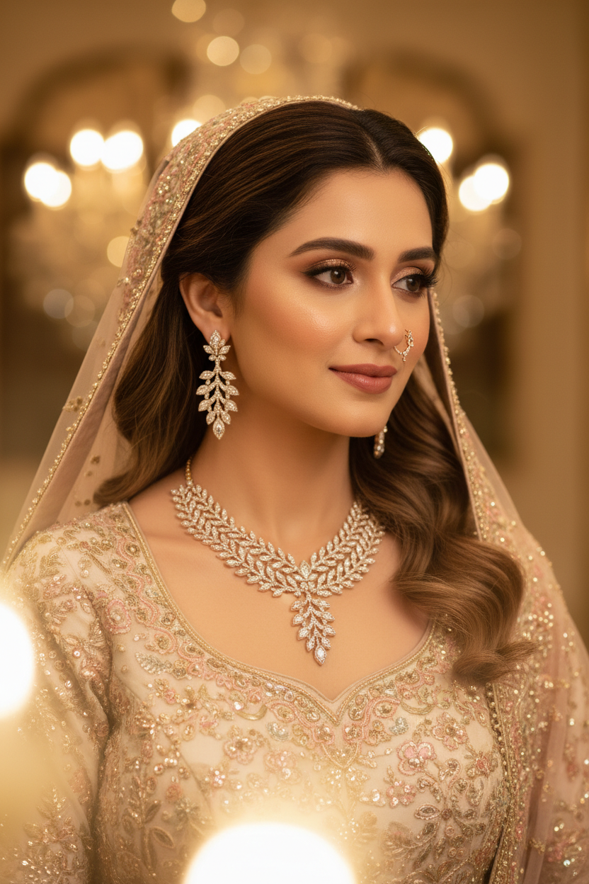 Rose Gold Wheat Leaf AD Necklace Set - Bridal Lifestyle Editorial