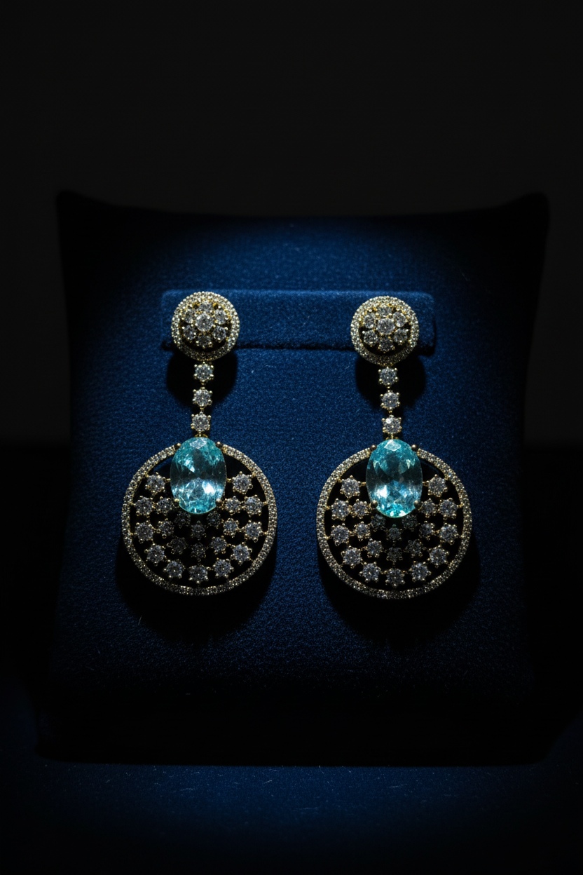 Gold AD Circular Chandelier Drop Earrings – dark velvet luxury editorial promotional image