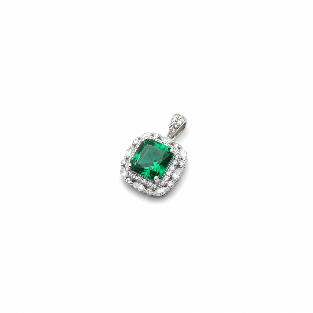 Emerald Green CZ Silver Pendant - Studio White Background