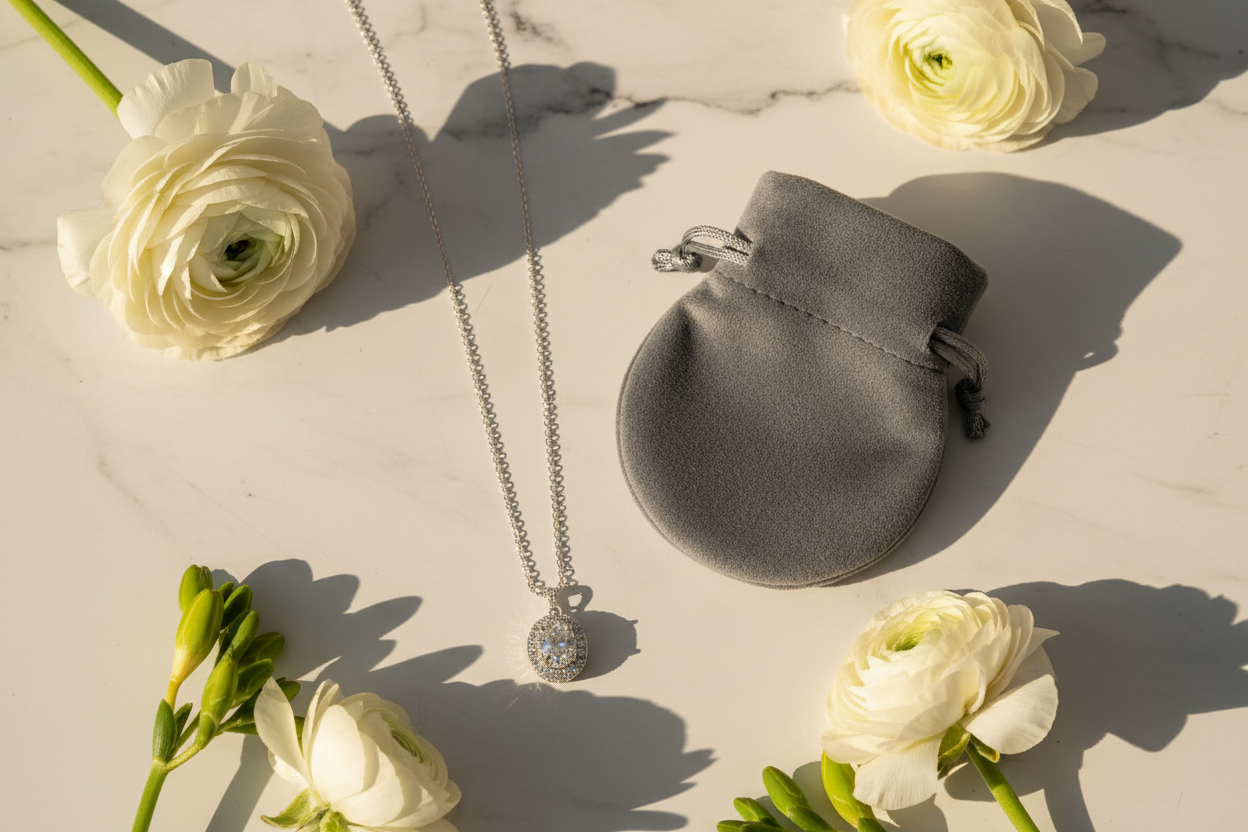 Lifestyle flat lay – Diamond Halo Cushion Pendant with white flowers and velvet pouch