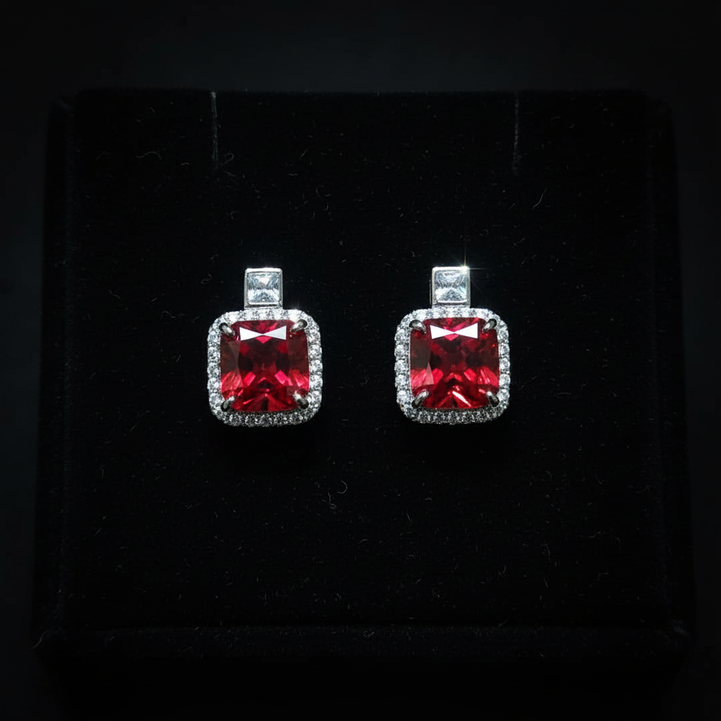 Ruby red CZ cushion halo drop earrings on black velvet - dark editorial style