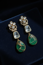 Polki Crown Copper Emerald Mosaic Drop Earrings – dark velvet luxury editorial promotional image