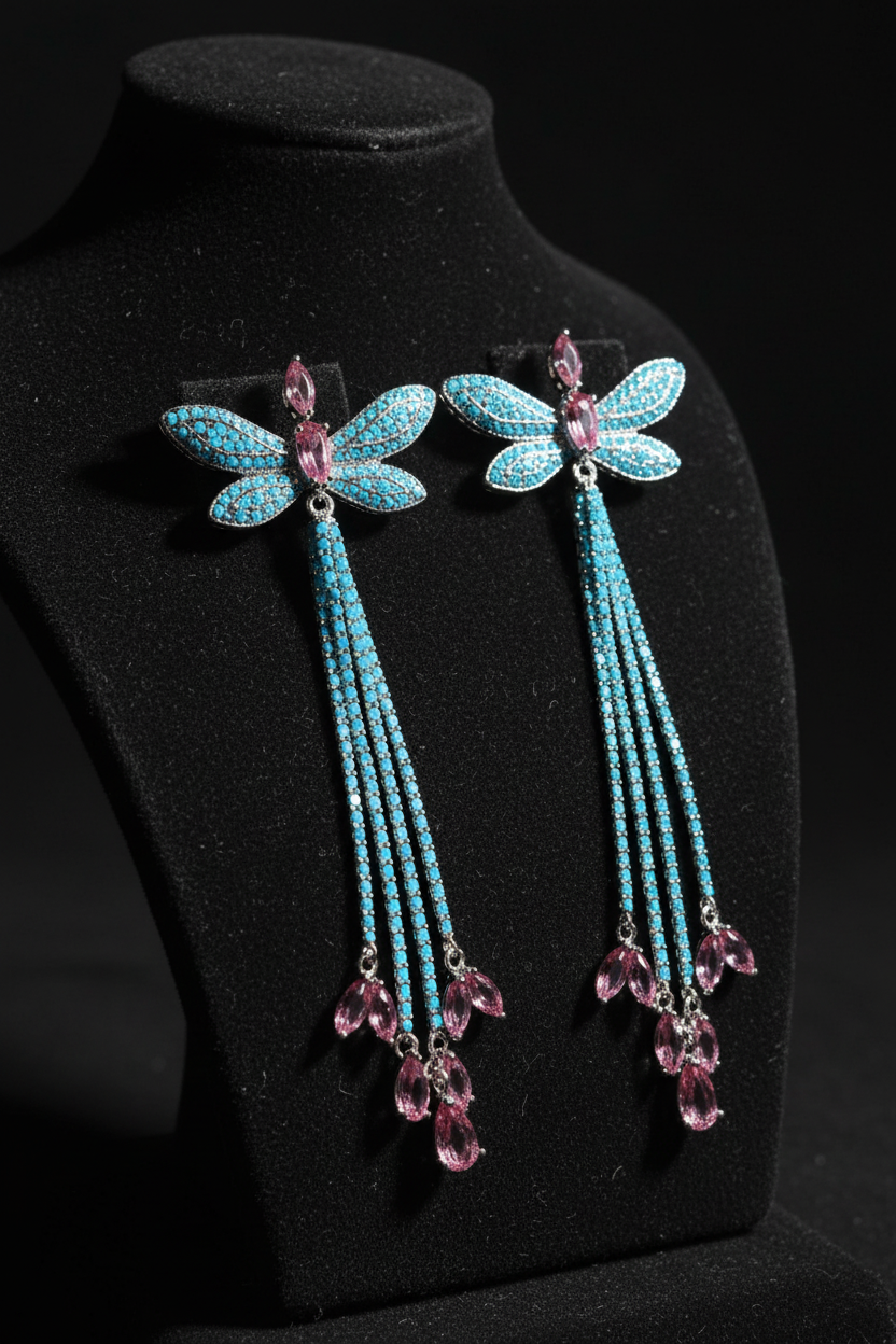 Turquoise Dragonfly Tassel Drop Earrings – dark velvet luxury editorial promotional image