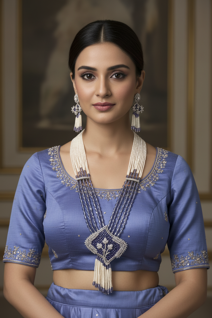 Bridal lifestyle — model wearing pearl and sapphire bead AD kite pendant pearl tassel long necklace set